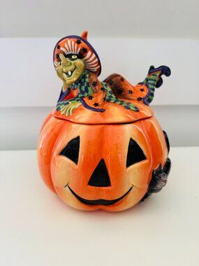 Fitz and Floyd Witch Hazel Cookie Jar Jack O Lantern Pumpkin Shaped Witch Lid Or